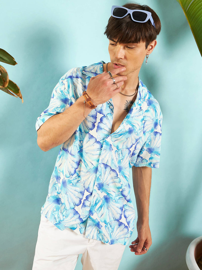 Men White & Blue Floral Rollup Sleeves Relax Fit Shirt