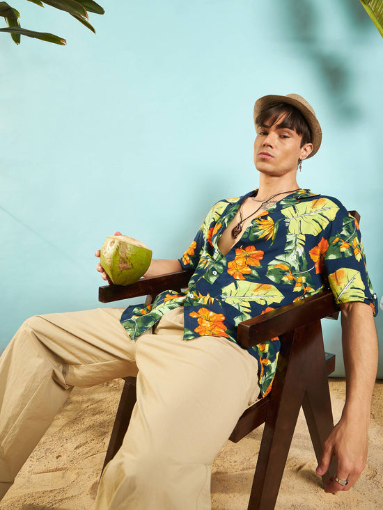 Men Navy Blue Tropical Print Relax Fit Shirt