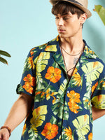 Men Navy Blue Tropical Print Relax Fit Shirt