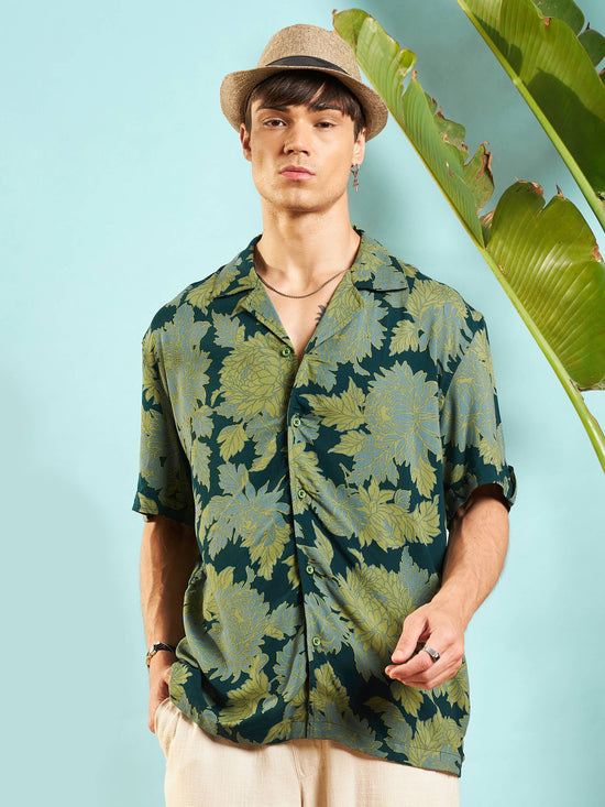 Men Emerald Green Floral Box Pleat Relax Fit Shirt