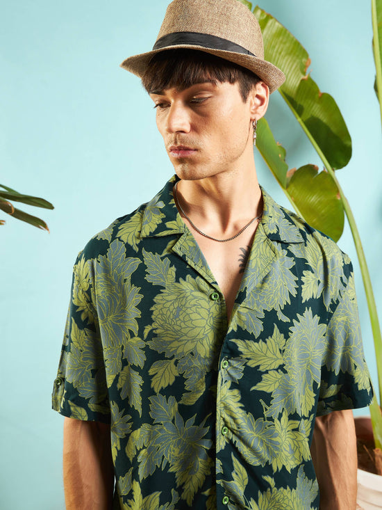 Men Emerald Green Floral Box Pleat Relax Fit Shirt