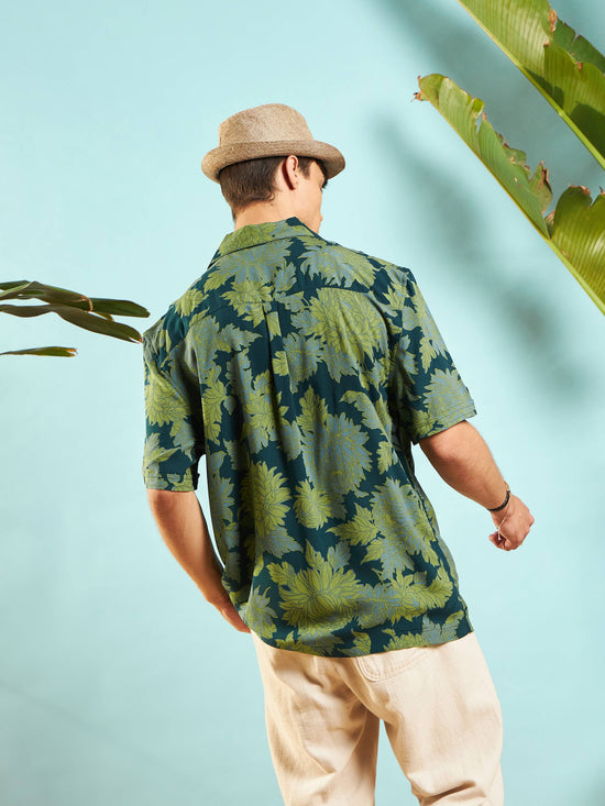 Men Emerald Green Floral Box Pleat Relax Fit Shirt