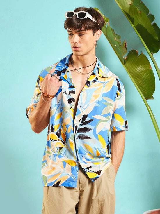 Men Blue Tropical Print Box Pleat Relax Fit Shirt