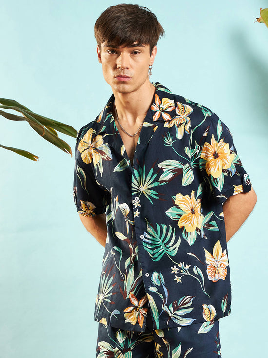 Men Navy Blue Tropical Relax Shirt