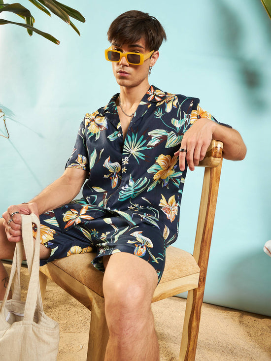 Men Navy Blue Tropical Relax Shirt