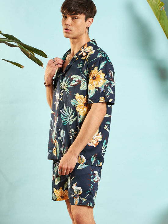 Men Navy Blue Tropical Relax Shirt