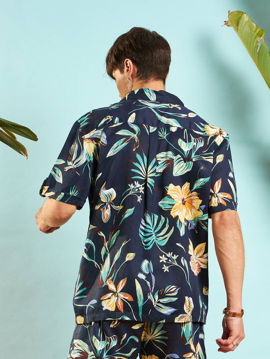 Men Navy Blue Tropical Relax Shirt