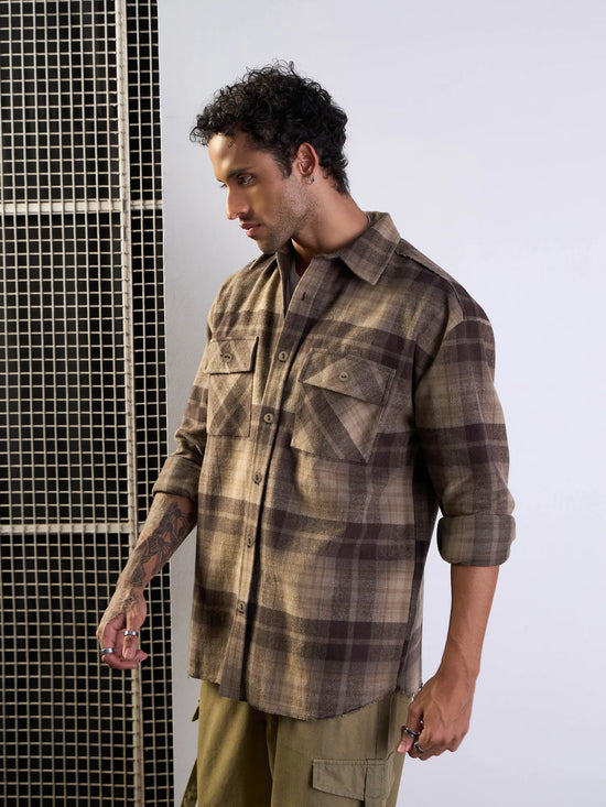 Men Beige & Brown Check Raw Edge Hem Oversize Shirt-MSSHRT20487