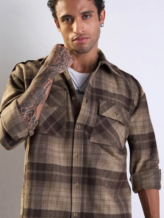 Men Beige & Brown Check Raw Edge Hem Oversize Shirt-MSSHRT20487