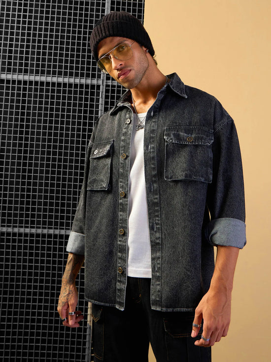 Men Black Washed Denim Oversize Shacket-MSSHRT20507