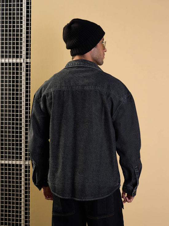 Men Black Washed Denim Oversize Shacket-MSSHRT20507