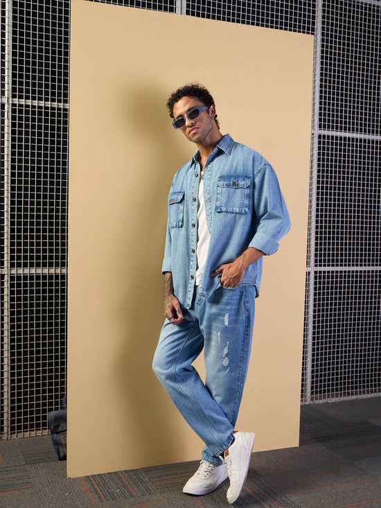 Men Blue Washed Denim Oversize Shacket-MSSHRT20509