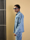 Men Blue Washed Denim Oversize Shacket-MSSHRT20509