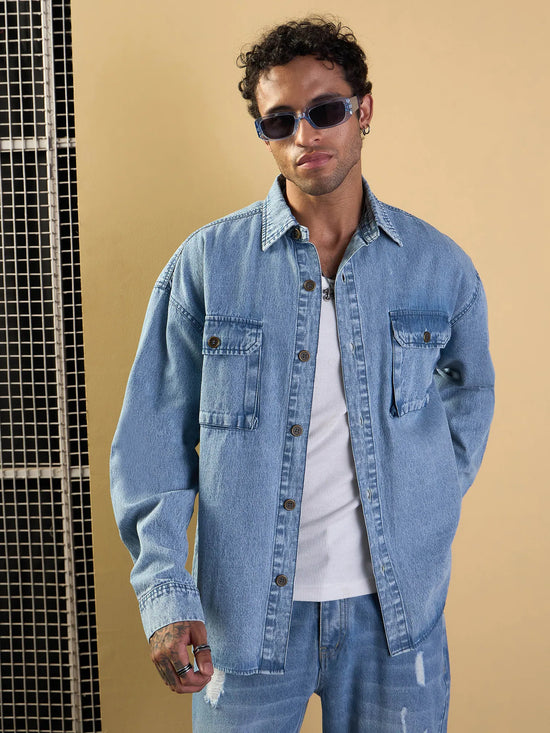 Men Blue Washed Denim Oversize Shacket-MSSHRT20509