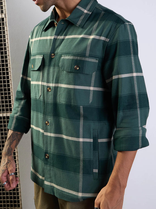 Men Green Check Side Pocket Shacket-MSSHRT20510