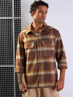 Men Brown & Khaki check Side Pocket Shacket-MSSHRT20512