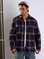 Men Navy & Beige Check Side Pocket Shacket-MSSHRT20513