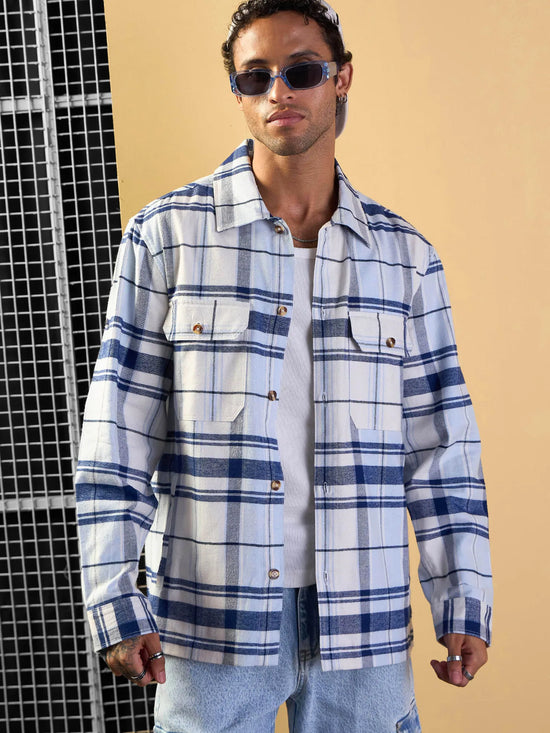 Men Blue & White Check Side Pocket Shacket-MSSHRT20514