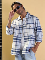 Men Blue & White Check Side Pocket Shacket-MSSHRT20514