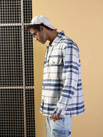 Men Blue & White Check Side Pocket Shacket-MSSHRT20514