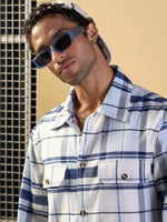 Men Blue & White Check Side Pocket Shacket-MSSHRT20514