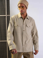 Men Beige Side Pocket Shacket-MSSHRT20515