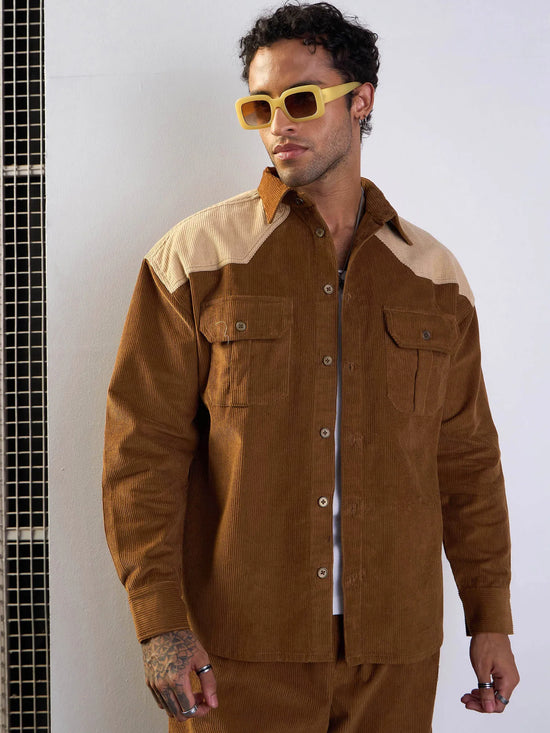 Men Brown & Beige Corduroy Colourblock Oversize Shirt-MSSHRT20517