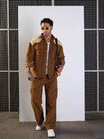 Men Brown & Beige Corduroy Colourblock Oversize Shirt-MSSHRT20517