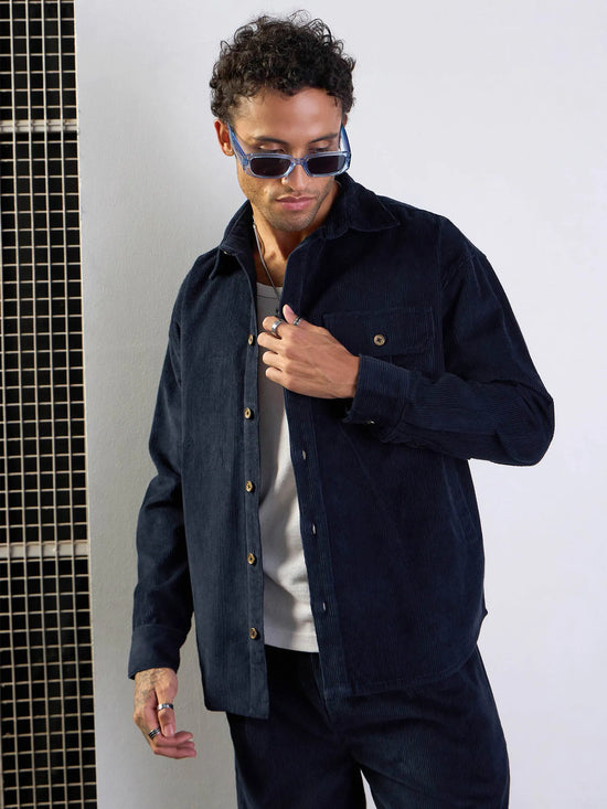 Men Navy Corduroy Side Pocket Shacket-MSSHRT20518