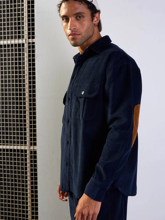 Men Navy Corduroy Elbow Patch Oversize Shirt-MSSHRT20520