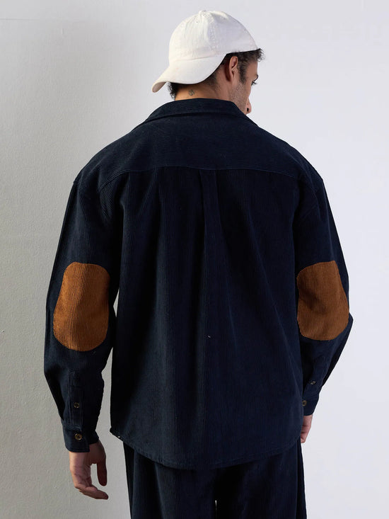 Men Navy Corduroy Elbow Patch Oversize Shirt-MSSHRT20520