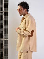 Men Beige Corduroy Elbow Patch Oversize Shirt-MSSHRT20521