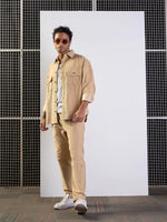 Men Beige Corduroy Elbow Patch Oversize Shirt-MSSHRT20521