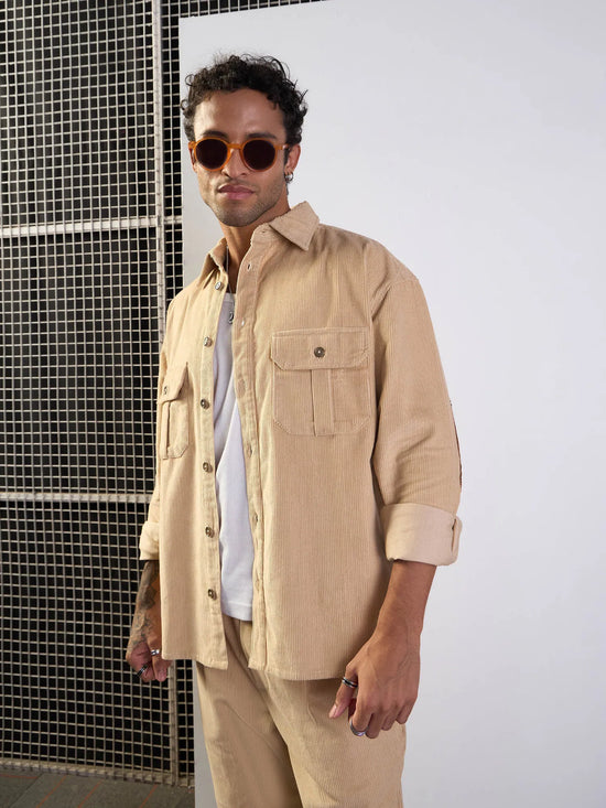 Men Beige Corduroy Elbow Patch Oversize Shirt-MSSHRT20521