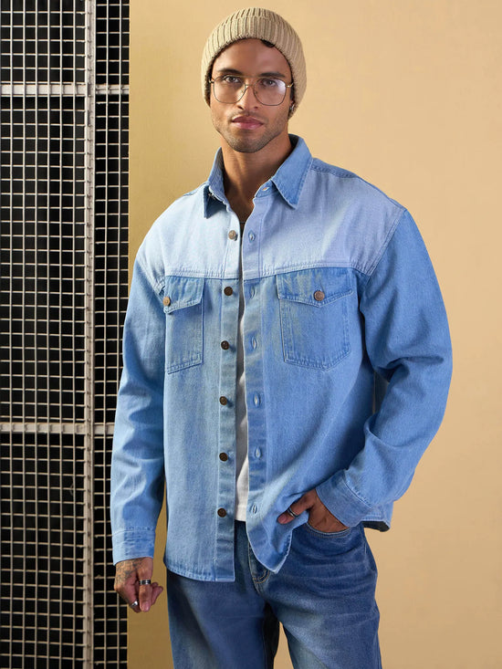 Men Light Blue Color Block Oversize Shacket-MSSHRT20523