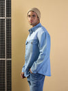 Men Light Blue Color Block Oversize Shacket-MSSHRT20523