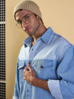 Men Light Blue Color Block Oversize Shacket-MSSHRT20523