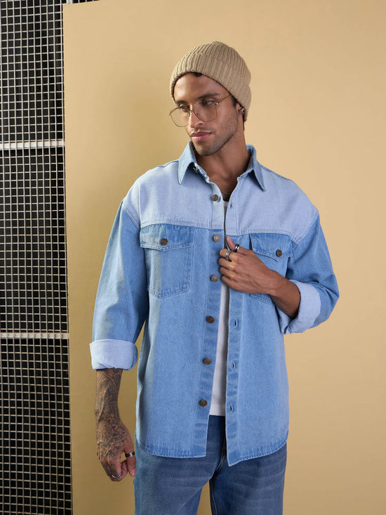 Men Light Blue Color Block Oversize Shacket-MSSHRT20523