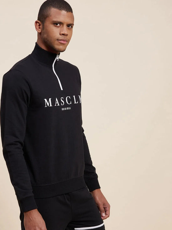 Men's Black High Neck Half Zipper MASCLN Sweatshirt