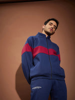 Men Navy & Maroon Colorblock Oversized Zipper Sweatshirt