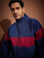 Men Navy & Maroon Colorblock Oversized Zipper Sweatshirt