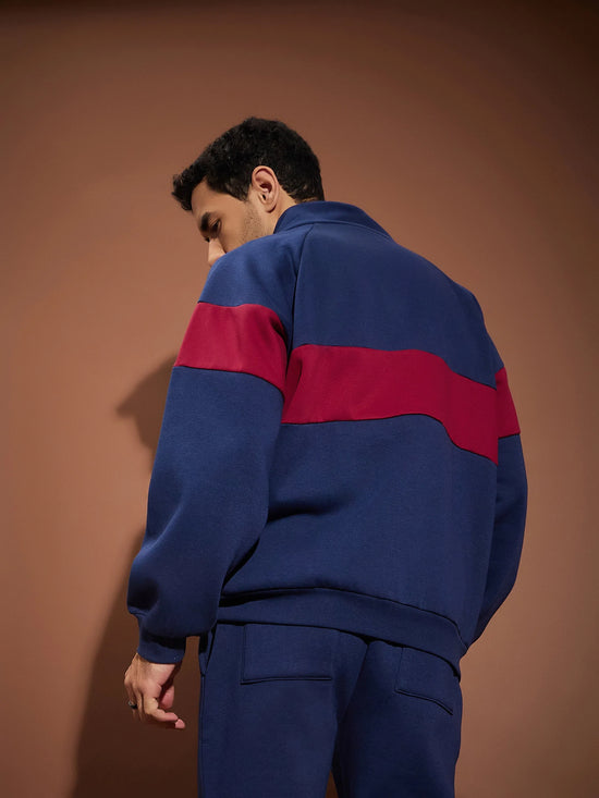 Men Navy & Maroon Colorblock Oversized Zipper Sweatshirt