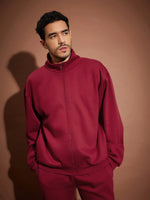 Men Maroon Front Zipper Oversized Sweatshirt