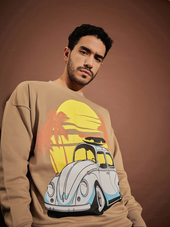 Men Beige Car Oversized Sweatshirt