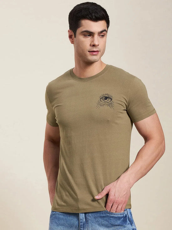 Men Khaki Eye Print Slim Fit T-Shirt