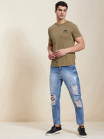 Men Khaki Eye Print Slim Fit T-Shirt