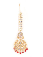 Gold-Toned Mahroon & White Kundan stone studded & Pearls Traditional Maangtikka