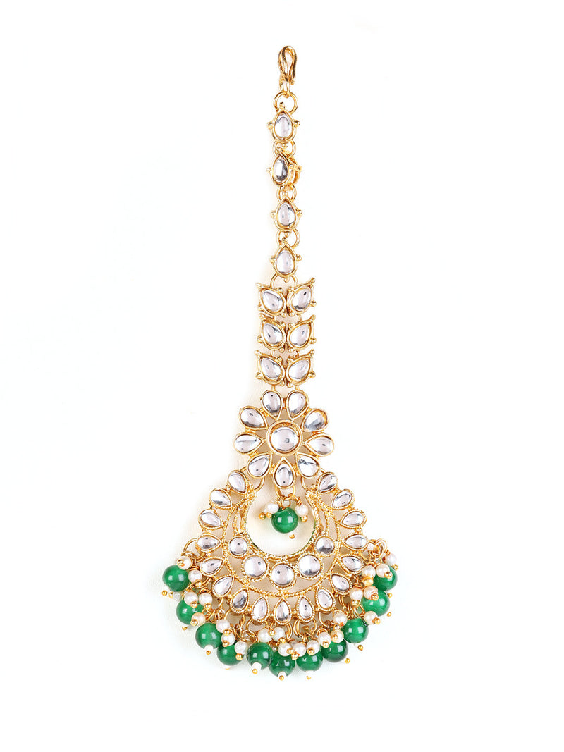 Gold-Toned Green & White Kundan stone studded & Pearls Traditional Maangtikka