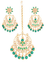 Gold-Toned Green & White Kundan stone studded & Pearls Beaded Traditional Maangtikka & Earrings Set