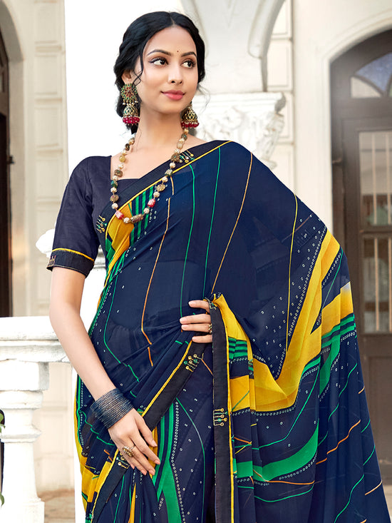 Saree Mall Women's Georgette Navy Blue Embellished Designer Saree With Blouse Piece-MUNIYA40187